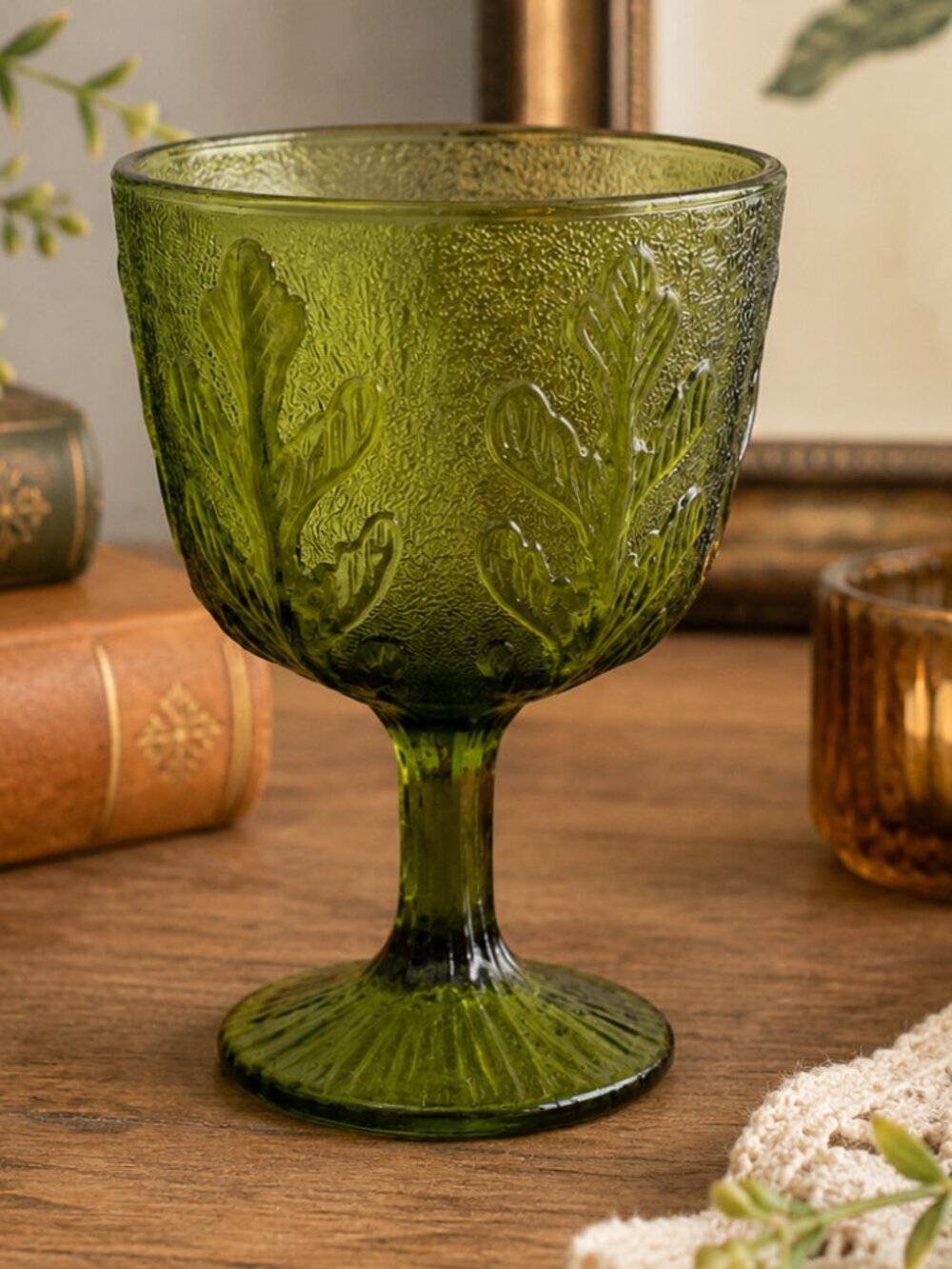 Vintage 1975 FTD Avocado Green Embossed Leaf Goblet Vase Glass Pedestal Cup
